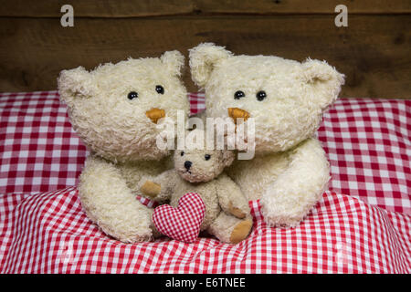 Happy Teddy bear famiglia con un bambino giacente in un rosso bianco letto a scacchi. Foto Stock