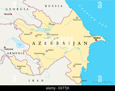 Azerbaigian Mappa Politico con capitale Baku, confini nazionali più importanti città, fiumi e laghi. Etichetta inglese. Foto Stock