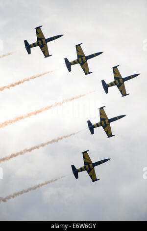 SLIAC, Slovacchia - 30 agosto: Volo del Baltico api Jet Team dalla Lettonia in stretta formazione durante airshow SIAF in Sliac, Slovacchia il 30 agosto 2014 Credit: Lubos Paukeje/Alamy Live News Foto Stock