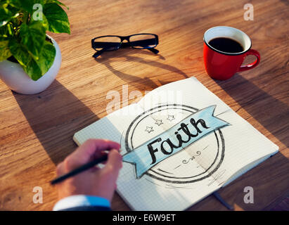 Imprenditore il brainstorming circa la fede Foto Stock