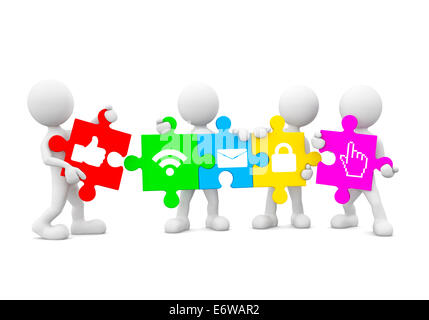 Immagine tridimensionale di bianco icone umane tenendo Jigsaw pezzi con Social Networking icone Foto Stock