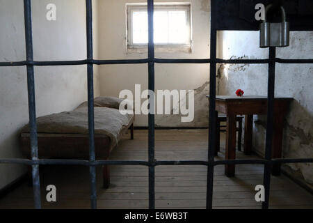 (140901) -- Francoforte (Germania), Sett. 1, 2014 (Xinhua) -- Foto scattata il 21 agosto 2014 mostra una cella nella ex Sachsenhausen campo di concentramento nazista in Oranienburg, nei pressi di Berlino, Germania. Il Sachsenhausen campo di concentramento nazista fu costruito a Oranienburg circa 35 km a nord di Berlino nel 1936 e imprigionate circa 220.000 persone tra il 1936 e il 1945. Ora il sito è servito come un memoriale e il museo per conoscere la storia entro l autentico frazioni, tra cui i resti di edifici e di altre reliquie del camp. (Xinhua/Luo Huanhuan) Foto Stock