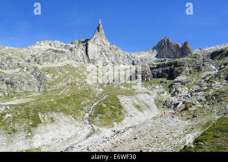 Picco di granito isolato sopra il treeline. Aiguille Dibona (3131m asl), Écrins Massif, Saint-Christophe-en-Oisans, Isère, Alvernia-Rhône-Alpes, Francia. Foto Stock