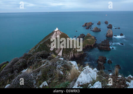 Faro di Nugget Point, vista oceano sopra il faro e le scogliere, Catlins, Isola del Sud, Nuova Zelanda Foto Stock