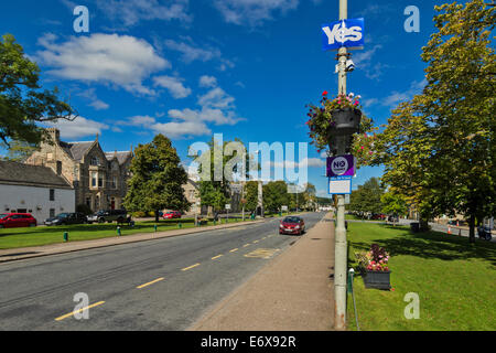 Indipendenza scozzese referendum 2014 votare sì e no grazie segni su una lampada posta in Grantown on Spey Foto Stock