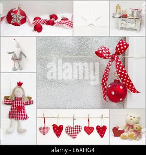 Collage di rosso e bianco Natale con decor di rosso cuore controllati, Angelo, sfere, babbo natale e orso di peluche Foto Stock