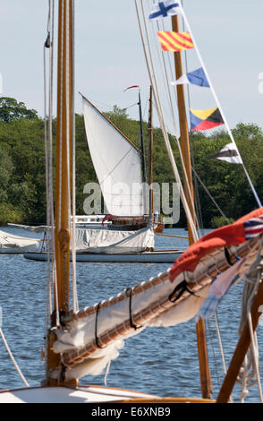 Ardea Wherry barca si avvicina Wroxham ampia guardando attraverso manovre su di un'altra imbarcazione. Foto Stock