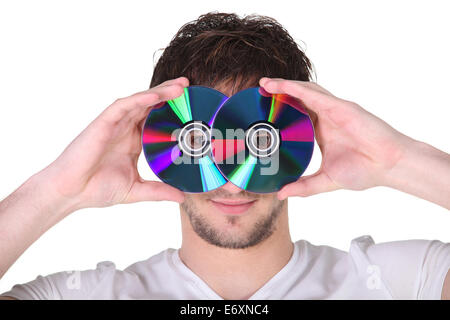 Giovane Azienda compact disc per il suo volto Foto Stock