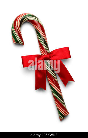 Candy Cane con Rosso, strisce verdi e bianche e fiocco rosso isolato su sfondo bianco. Foto Stock