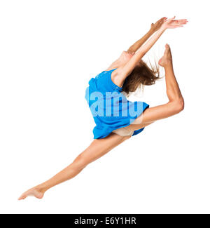 Giovane ragazza danzante in un vestito blu su sfondo bianco Foto Stock