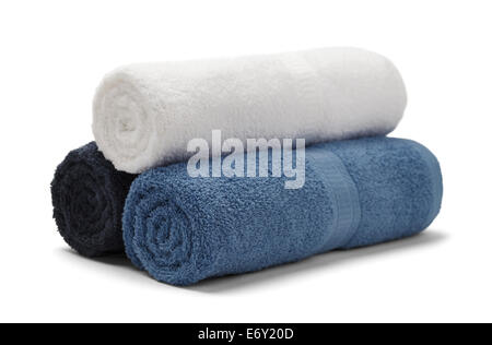 Tre laminati impilati asciugamani isolati su sfondo bianco. Foto Stock