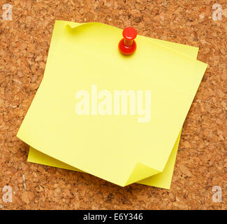 Due giallo vuota sticky notes imperniata sulla bacheca di sughero. Foto Stock