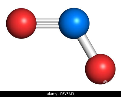 Il biossido di azoto (NO2) inquinamento atmosferico molecola. Free Radical composto, noto anche come NOx. Gli atomi sono rappresentati come sfere con c Foto Stock