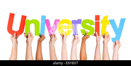 Diverse mani tenendo il Word University Foto Stock