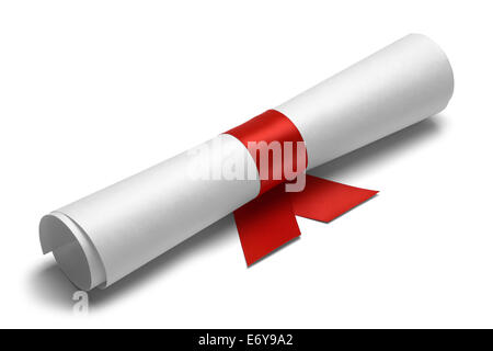 Diploma legate con un nastro rosso su bianco sfondo isolato. Foto Stock