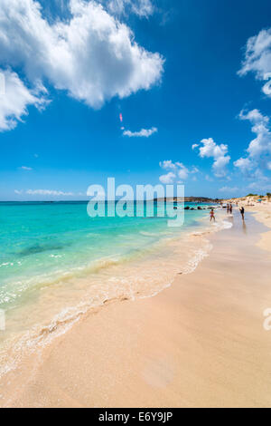 ELAFONISSI, Creta, Grecia - Luglio 24, 2014: turisti presso la famosa rosa alla spiaggia di sabbia di Elafonissi Elafonissi ( ) In Creta, Grecia Foto Stock