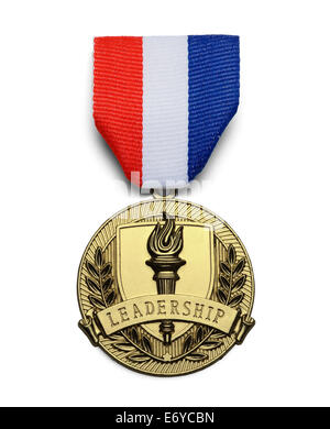 Leadership Gold Medal con torcia e scudo isolato su sfondo bianco. Foto Stock