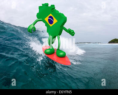Mappa brasiliana con le braccia e le gambe sulla tavola da surf, 3d illustrazione Foto Stock
