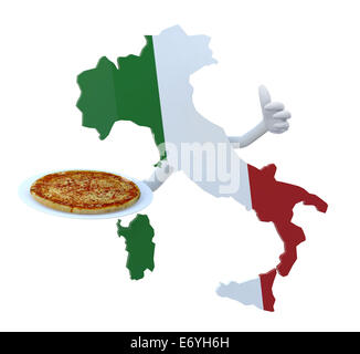 Italia mappa cartoon con le braccia e la pizza sul piatto Foto Stock