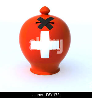 Casella di denaro con la bandiera della Svizzera e il foro chiuso da un nastro Scotch, 3d illustrazione Foto Stock