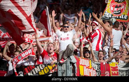 Stuttgart, Germania. Il 30 agosto, 2014. Gli appassionati di Colonia allegria durante la Bundesliga partita di calcio tra VfB Stoccarda e 1. FC Colonia a Mercedes-Benz Arena a Stoccarda, Germania, 30 agosto 2014. Foto: Sebastian Kahnert/dpa/Alamy Live News Foto Stock