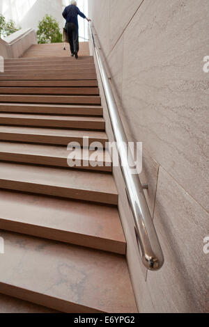 Donna anziana utilizzando scale parapetti - USA Foto Stock
