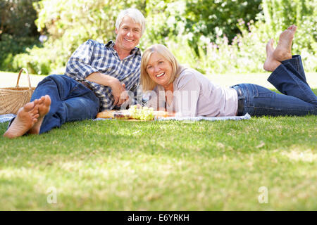 Coppia senior con picnic nel parco Foto Stock