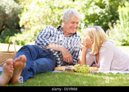 Coppia senior con picnic nel parco Foto Stock