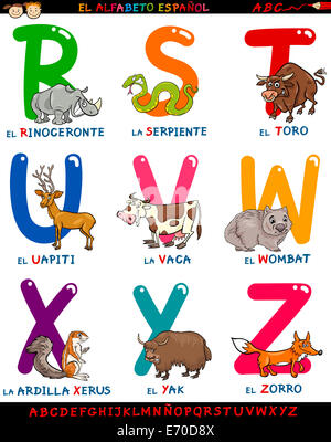 Illustrazione del fumetto di colorati alfabeto spagnolo o Alfabeto Espanol impostato con divertenti animali dalla lettera R a Z Foto Stock