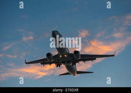 Aereo commerciale Boeing 737 jet in avvicinamento finale per l'atterraggio-Victoria, British Columbia, Canada. Foto Stock