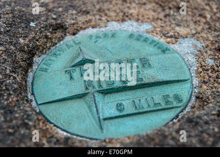 Il ghiaccio si forma attorno un marcatore che puntano a una vista di Thunder Ridge Mountain lungo la Blue Ridge Parkway Foto Stock