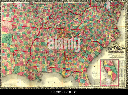 Colton la mappa del sud degli Stati Uniti. Compreso il Maryland, Delaware, Virginia, Kentucky, Tennessee, Missouri, North Carolina, South Carolina, Georgia, Alabama Mississippi, Arkansas, Louisiana e Texas. Mostra anche la parte di Stati limitrofi & territori localizzare le fortezze & stazioni militari del brevetto statunitense n. membri & mostrando tutte le strade della rampa, r. r. le stazioni, e altri miglioramenti interni. 1861 Foto Stock