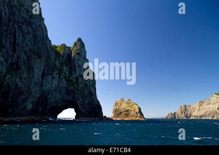 Il foro nella roccia' situato nella baia di isole sulla punta settentrionale di Cape Brett, Isola del nord, Nuova Zelanda. Foto Stock