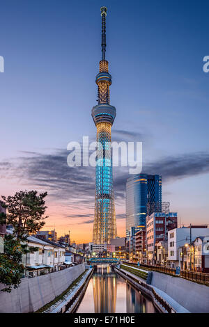 Tokyo Skytree sorge sopra lo skyline di Tokyo. La struttura è il più alto del paese. Foto Stock