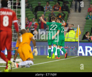 Dublino, Irlanda. 03Sep, 2014. Amichevole internazionale fixture Repubblica di Irlanda versus Oman. Kevin Doyle (Irlanda) celebra il suo punteggio i lati primo obiettivo. L'Irlanda ha vinto la partita dal punteggio di credito 2-0: Azione Plus sport/Alamy Live News Foto Stock