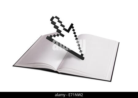 Blank apri libro o rivista con freccia simbolo del cursore del mouse tecnologia, isolati su sfondo bianco. Foto Stock