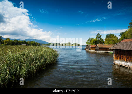 Case in barca al lago Staffelsee, Seehausen, Alta Baviera, Baviera, Germania Foto Stock