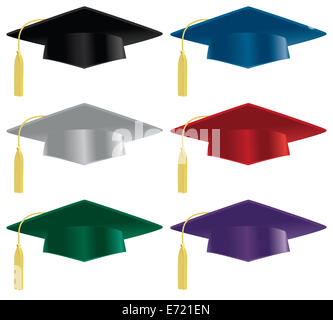 Una selezione di graduazione cappelli in una varietà di colori. Foto Stock