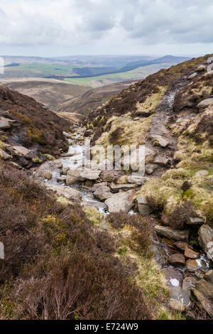 Picco scuro vista. Guardando verso il basso un flusso di brughiera sul bordo orientale del Kinder Scout verso mori e la campagna sottostante, Derbyshire, England, Regno Unito Foto Stock