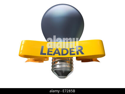 Un regolare la luce blu lampadina con shiny banner giallo e la frase leadership di pensiero scritto su di esso su un isolato backgrou bianco Foto Stock