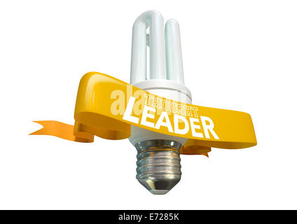 Una normale luce fluorescente lampadina con shiny banner giallo e la frase leadership di pensiero scritto su di esso su un isolato bianco b Foto Stock