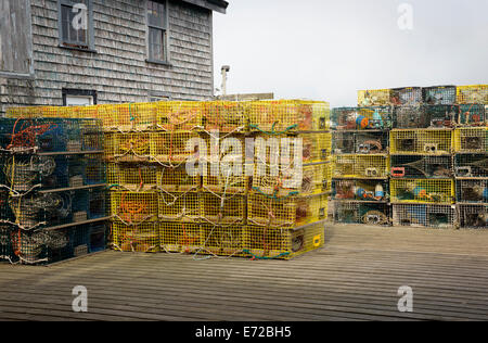 Le trappole a base di aragosta su un molo nel porto basso Maine Foto Stock