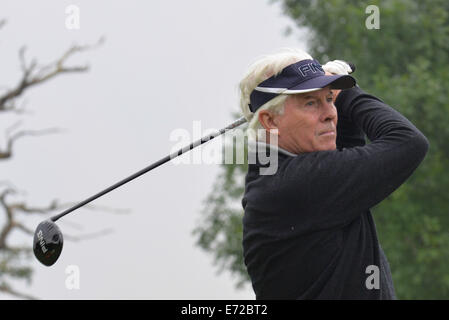 Londra, Regno Unito. 4 Sep, 2014. I partecipanti la riproduzione di un concorso del nono sino-britannica Golf Giornata della Carità a Brocket Hall Golf Club in Inghilterra. Credito: Vedere Li/Alamy Live News Foto Stock