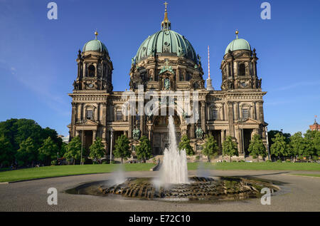 Germania, Berlino, Berliner Dom Cattedrale di Berlino vista generale della facciata dal Lustgarten sull isola dei musei con la fontana in primo piano. Foto Stock