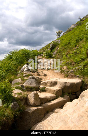 Ammira alcuni dei massi a gradini che compongono il sentiero mentre inizi la salita del monte Ben Nevis in Scozia. Foto Stock