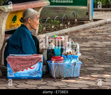 Vecchia donna venditore ambulante vendita di acqua durante la seduta sul suo haunches. Foto Stock