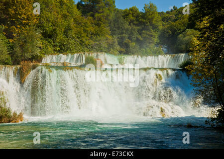 Il fiume Krka , grande attrazione turistica vicino a Sibenik in Croazia, moduli 17 cascate in un'area 400 mt. in lengthh Foto Stock