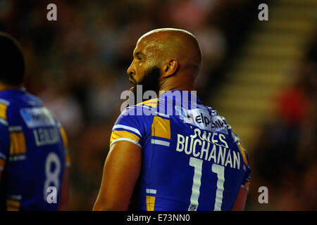 Wigan, Regno Unito. 05 Sep, 2014. Super League Rugby. Il Wigan Warriors versus Leeds rinoceronti. Jamie Jones-Buchanan di Leeds rinoceronti guarda sconsolato come Leeds perde il credito in modo convincente: Azione Plus sport/Alamy Live News Foto Stock