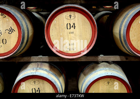 Maturazione del vino in botti di legno nella Barossa Valley in Australia Foto Stock