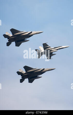 Un Canadese McDonnell Douglas CF-18 Hornet jet da combattimento (C) e due di noi McDonnell Douglas F-15 Eagle getti di volare al di sopra della sede del vertice della NATO a Newport, Galles, 05 settembre 2014. I leader del mondo da circa 60 paesi si sono riuniti per una due giorni di vertice della NATO da 04-05 settembre. Foto: Maurizio Gambarini/dpa Foto Stock